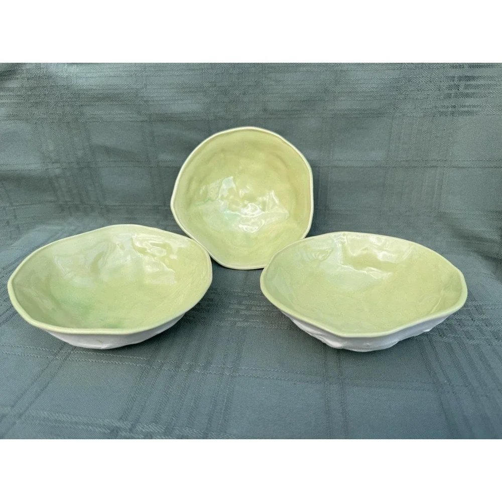 3 Vintage Hand Built Ceramic Bowls Celadon Green Glazed Inner Textured Raw Base